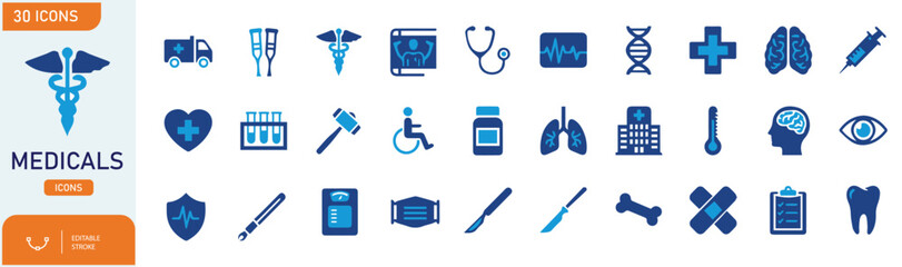 Medical Icons Vector Set of 30 Healthcare Symbols Including Hospital, Doctor, Medicine, Ambulance, DNA, Heart, Lungs, Brain, Injection and Medical Equipment for UI, App, Web and Infographic Design