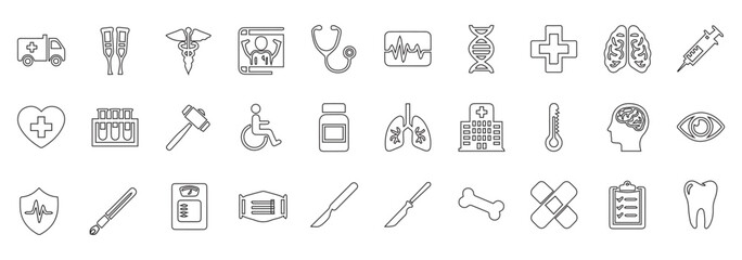 Medical Icons Vector Set of 30 Healthcare Symbols Including Hospital, Doctor, Medicine, Ambulance, DNA, Heart, Lungs, Brain, Injection and Medical Equipment for UI, App, Web and Infographic Design