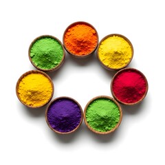 Colorful powders in wooden bowls isolated on white background