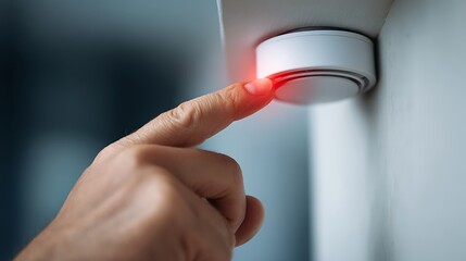 A close-up shot of a finger pressing a glowing red button on a white, circular device