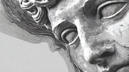 A monochromatic background of a classical Greek marble face, overlaid with a mesmerizing 3D kinetic moir&eacute; pattern of thin black lines that create a sense of vibrating movement and digital distortion.