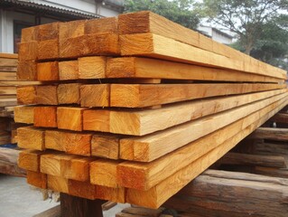 Stacked wooden lumber logs at construction site in natural environment  
