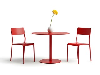 Modern red table and chairs with single flower isolated on white background