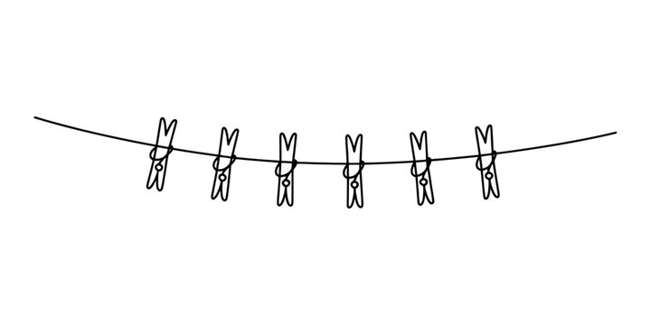 A simple black and white line art illustration of several clothespins hanging on a clothesline Vector, illustration