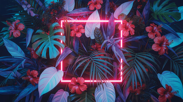 Tropical Leaves and Flowers with Neon Square Frame