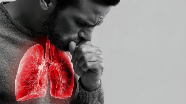 Man coughing with red lungs on gray background representing respiratory health