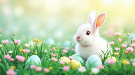 Obraz premium Cute white rabbit sitting in a green meadow with Easter eggs and flowers. Happy Easter background with bunny and copy space for text. Spring holiday concept