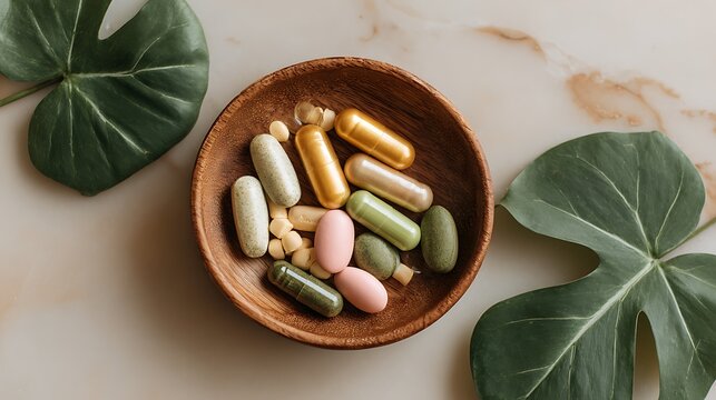 Various vitamin capsules and tablets arranged in a wooden bowl with monstera leaves