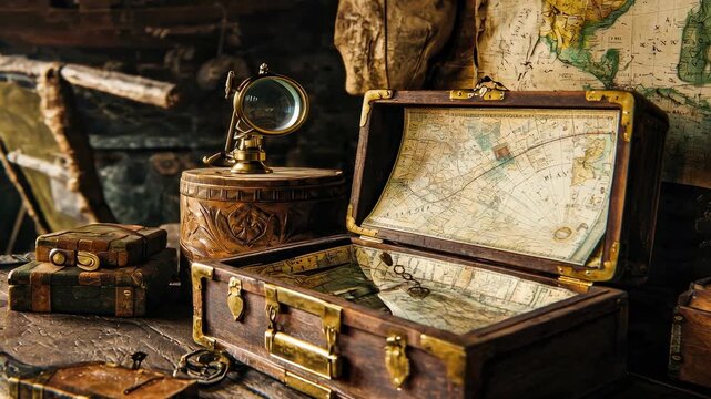 Antique map chest with vintage compass, old books, weathered key, and wooden table create nostalgic, adventurous explorer atmosphere and historical
