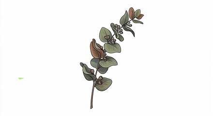 Hand drawn eucalyptus twig with leaves and seed pods on white