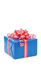 Obraz premium Blue Striped Gift Box with Red and White Candy Cane Ribbon Bow