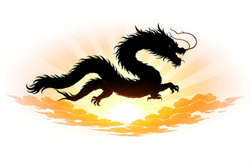 Majestic dragon soaring through vibrant sunset with golden clouds