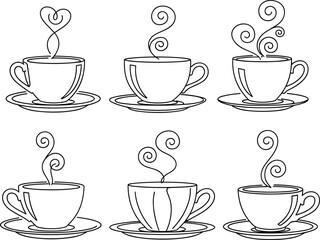 Coffee cup line art set with heart shaped steam, hand drawn outline illustration for cafe branding, romantic beverage concepts, menu icons, and morning drink designs