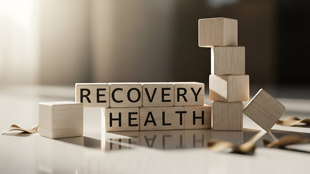 A stack of wooden blocks with recovery and health spelled out