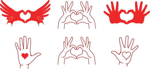 Love hand gesture symbols set in red outline, heart shaped hands illustration for romance, charity, unity, social media icons, and emotional design concepts