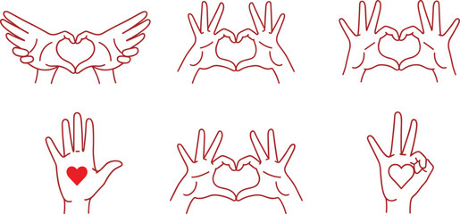 Love hand gestures collection with heart shapes in red outline, expressive hand symbols illustration for romance, kindness, unity, communication, and emotional design concepts
