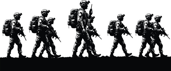 Military soldiers marching in formation silhouette vector illustration showing armed troops on patrol, tactical movement, defense operation, teamwork, and modern combat readiness concept