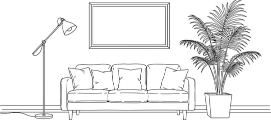 Modern living room interior line art with sofa, pillows, floor lamp, wall frame, and indoor plant, minimalist home decor vector illustration