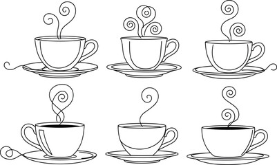 Minimal coffee cup line art set with steam, hand drawn outline illustration for cafe menu design, beverage icons, morning routine concepts, and drink branding