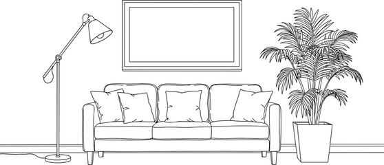 Modern living room interior line art with sofa, floor lamp, wall frame, and indoor plant, minimal home decor vector illustration for design concepts