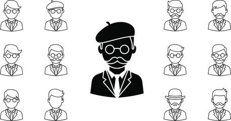 Stylish male avatar icons set with glasses, hats, and mustache in flat black style, character faces collection for profiles, branding, apps, and interface design