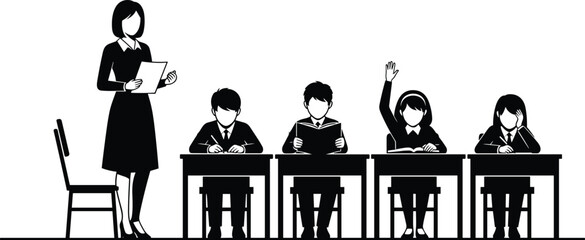 Teacher standing in classroom with students at desks silhouette vector illustration showing education, learning environment, school lesson, student participation, and academic instruction concept