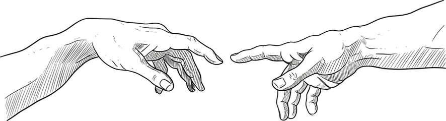 Vintage engraved hands reaching toward each other illustration, classical human connection concept inspired 