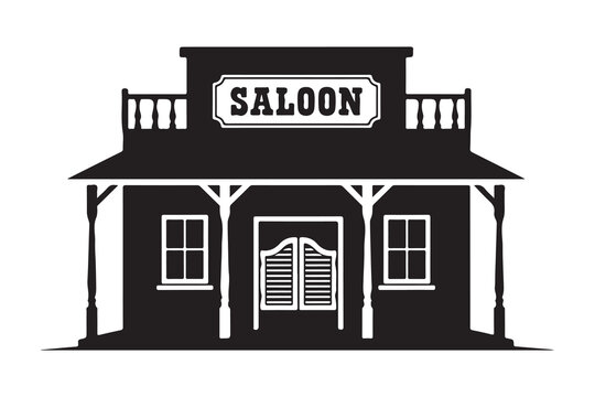 A classic western saloon building facade in black and white illustration