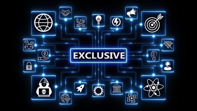 Exclusive concept network animation with connected technology icons, glowing data nodes and premium digital workflow visualization on dark background