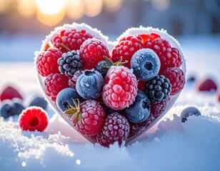 Frozen berry heart shape, macro food photography, cool tones