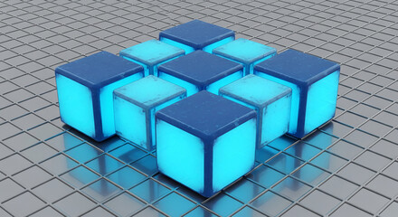 Nine blue luminous cube object on diamond grid surface, creating a techy, geometric aesthetic, suggestive of digital structure and futuristic interface