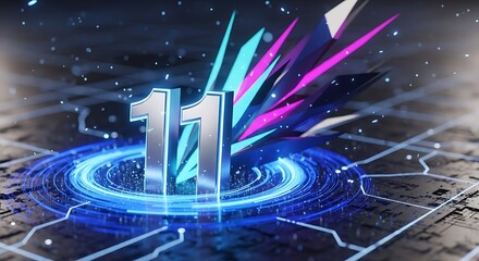 Futuristic metallic number 11 emerges from glowing blue energy portal on circuit board with vibrant light streaks