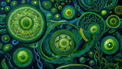 A vibrant background of complex Mexican Huichol beadwork patterns that morph into glowing green 3D biological cells and DNA strands under a microscope, blending indigenous art with futuristic science.