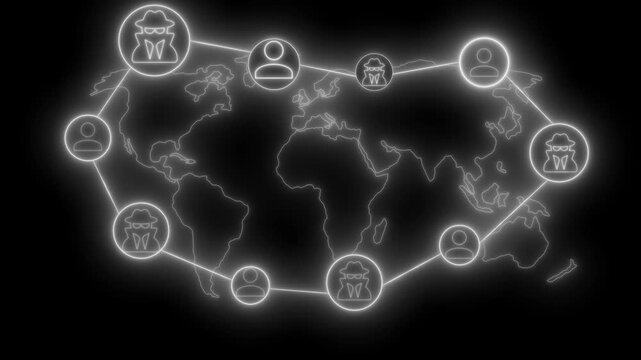 Glowing World Map with Hacker Network Icons Animation