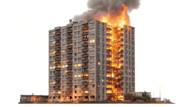 A large apartment building on fire with smoke rising isolated on white background