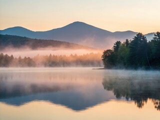 Obraz premium Misty lake at sunrise with mountains and forest reflection in calm water