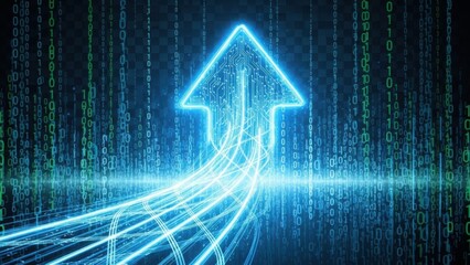 Digital arrow pointing upwards through binary code