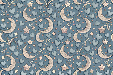 Cute graphic pattern of moons. stars. and hearts in soft pastel colors on a muted blue background. Night sky design with whimsical elements.