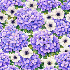 Seamless pattern of purple hydrangea flowers and white anemone flowers with green leaves on white background. Watercolor floral botanical illustration. Spring flowers and romantic nature pattern.