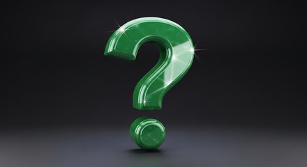 Shiny, green question mark on dark gradient background, representing uncertainty, query, or investigation, suitable for educational concepts