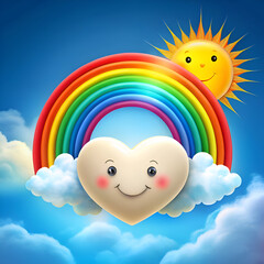 Smiling heart shaped cloud with rainbow and sun in a bright sky. Joyful cartoon character with a happy expression under a colorful arch of a rainbow. in a sunny sky filled with fluffy clouds.