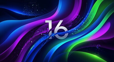 Vibrant abstract flowing waves of neon light in purple blue green and pink with a large white number sixteen