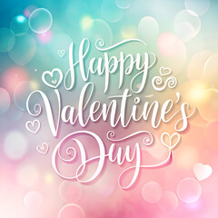 Happy Valentine's Day graphic design with pastel colors and blurred bokeh background. Stylish typography displays the romantic holiday message against a soft. colorful backdrop.