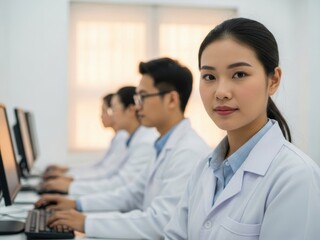 Obraz premium A group of people in lab coats sitting at computers in a lab setting