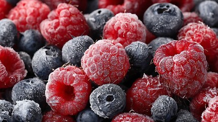 Close-up of frozen raspberries and blueberries. Berries covered with frost. Healthy, fresh food