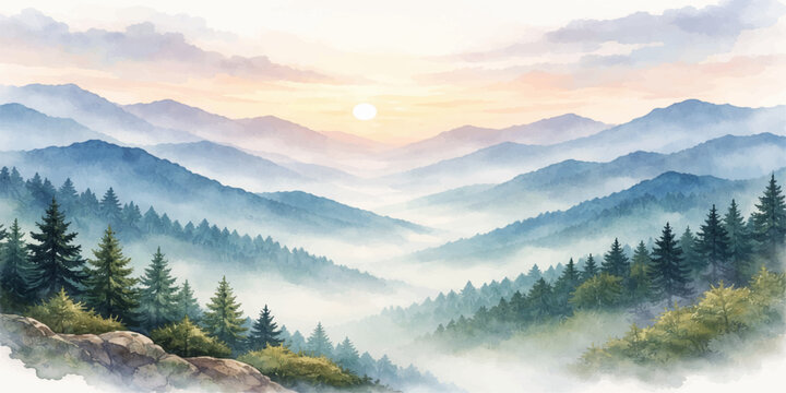 Panoramic morning mountain landscape with snow peaks and misty pine forests under a cloudy winter sky in the Alps