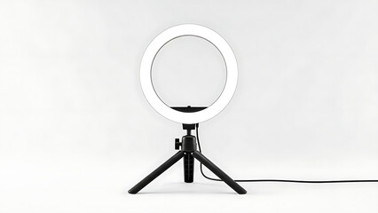  Professional LED Ring Light on Small Tripod Stand, Lighting Equipment for Video Creators, Content Makers, Photography and Vlogging, Circle Light for Makeup and Live Streaming Isolated on White.