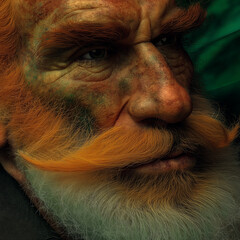 Bearded leprechaun with orange mustache and expressive face close-up  