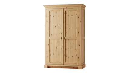 A tall, light-colored, wooden wardrobe with double doors and a simple design, perfect for storage, on transparent background. on transparent background