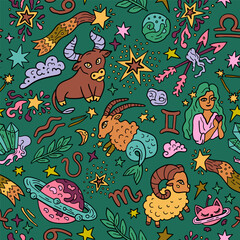 Zodiac animals. A cosmic fantasy backdrop for teenagers and small children. Fun zodiac. Seamless pattern with Western astrology. 